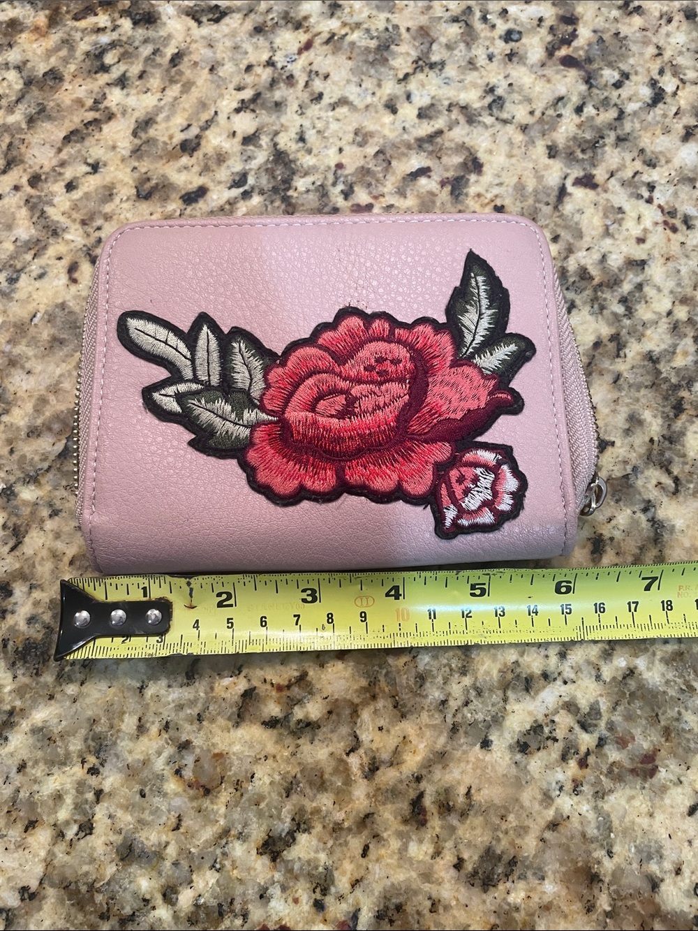 Blush Pink Rose-Embroidered Zip Wallet - Women Bags